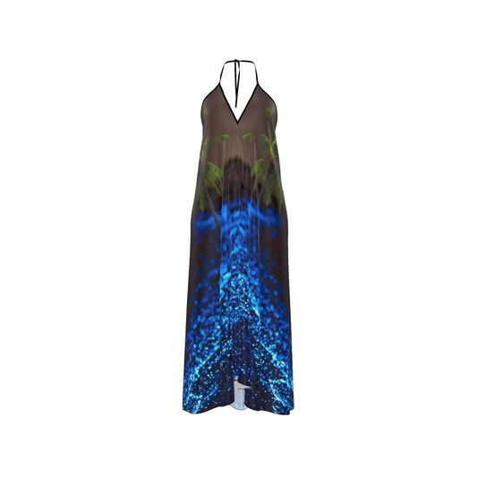 Dream Beach silk halter dress with Maldives-inspired blue shoreline print