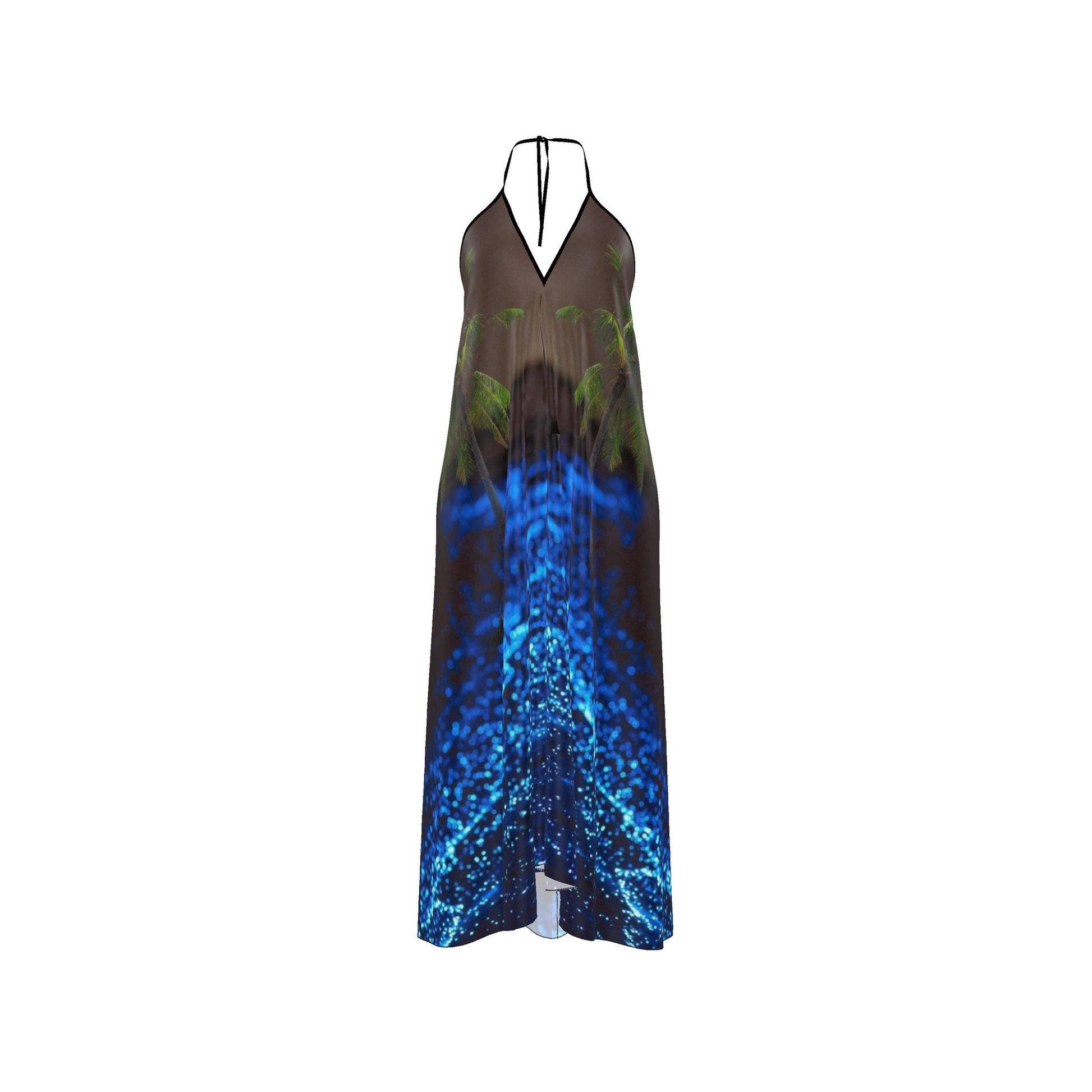 Dream Beach silk halter dress with Maldives-inspired blue shoreline print