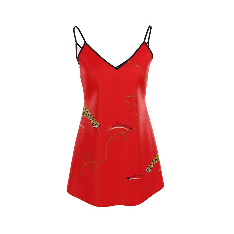 Mini Leopard-tame Red Silk Slip Dress