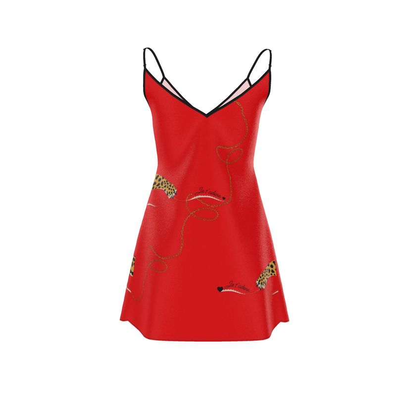 Mini Leopard-tame Red Silk Slip Dress